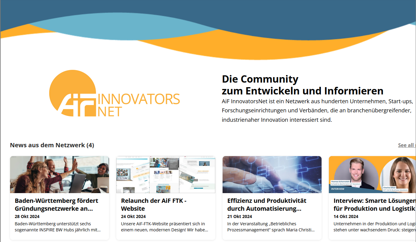 Screenshot der Startseite des AiF InnovatorsNet.